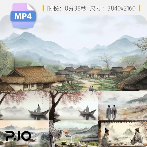高清唐孟浩然过故人庄水墨动画诗词赏析田园风光聚会场景视频素材