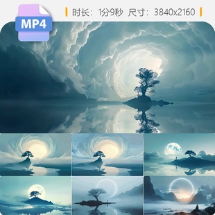 高清云层漩涡孤独感高级寂寞意境山水墨禅中国风月亮视频素材