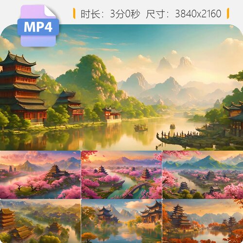 高清中国古风山水四季春夏秋冬意境唯美诗画建筑舞台视频素材