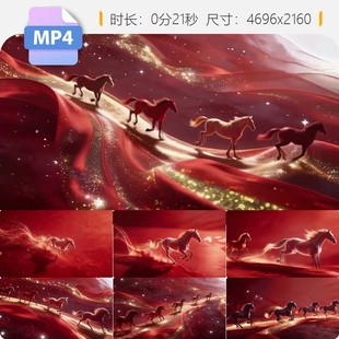 高清红色背景骏马奔腾大气年会片头金色粒子飘带万马动态视频素材