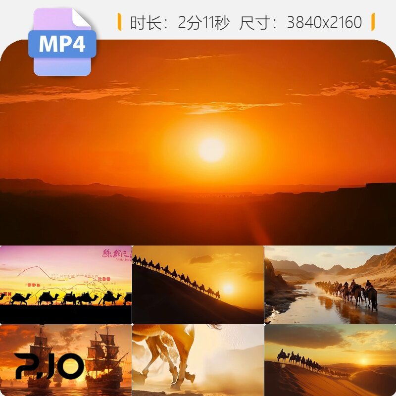 高清丝路驼队穿越沙漠敦煌日出与海上商队贸易文明故事视频素材