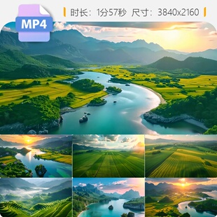 高清青山绿水田野风景航拍一望无际麦田美丽河山心旷神怡视频素材