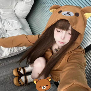 美式复古棕色卡通可爱轻松熊连帽卫衣女春秋宽松别致独特开衫外套
