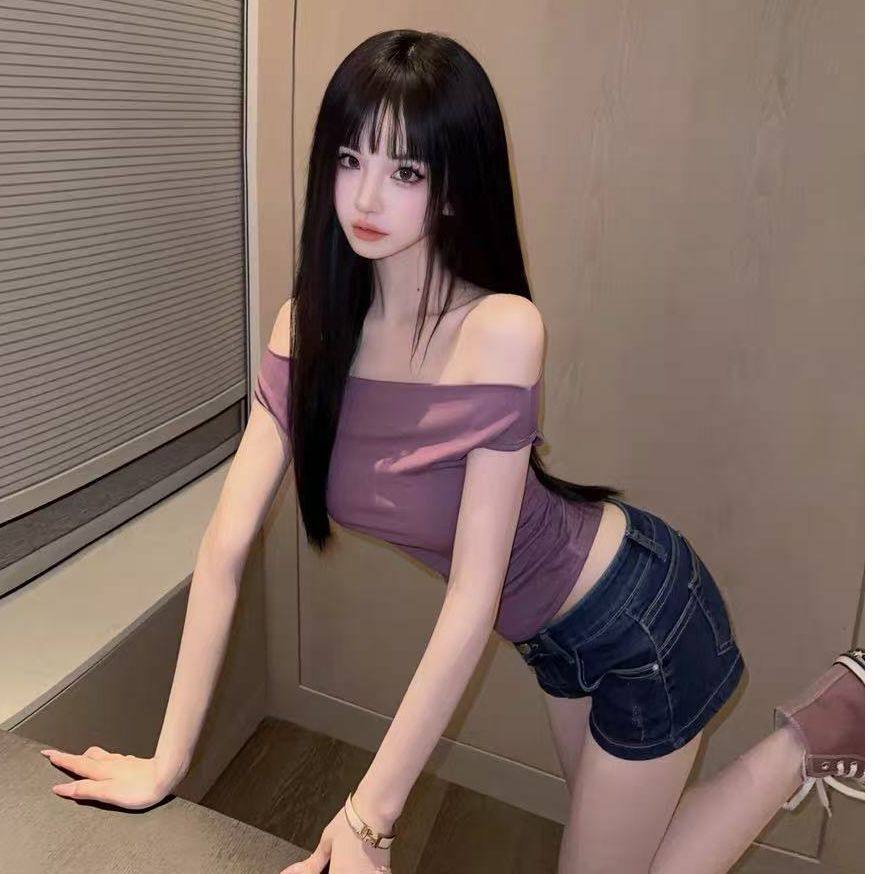 一字肩短袖t恤女2025夏季新款设计感纯欲独特超好看露肩紫色上衣