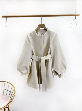 VANE时尚系带呢子大衣
