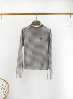 复古气质高领条纹T恤女2025冬装新款韩版时尚百搭长袖打底衫30231