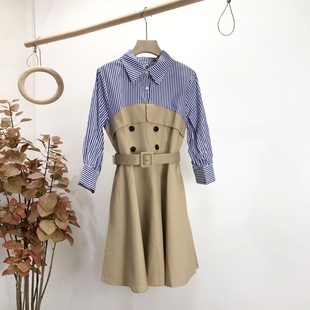 十三行女装设计感条纹衬衫拼接连衣裙秋冬新款双排扣假两件套裙子