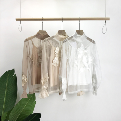 宽松背心两件套立领蕾丝衫套装