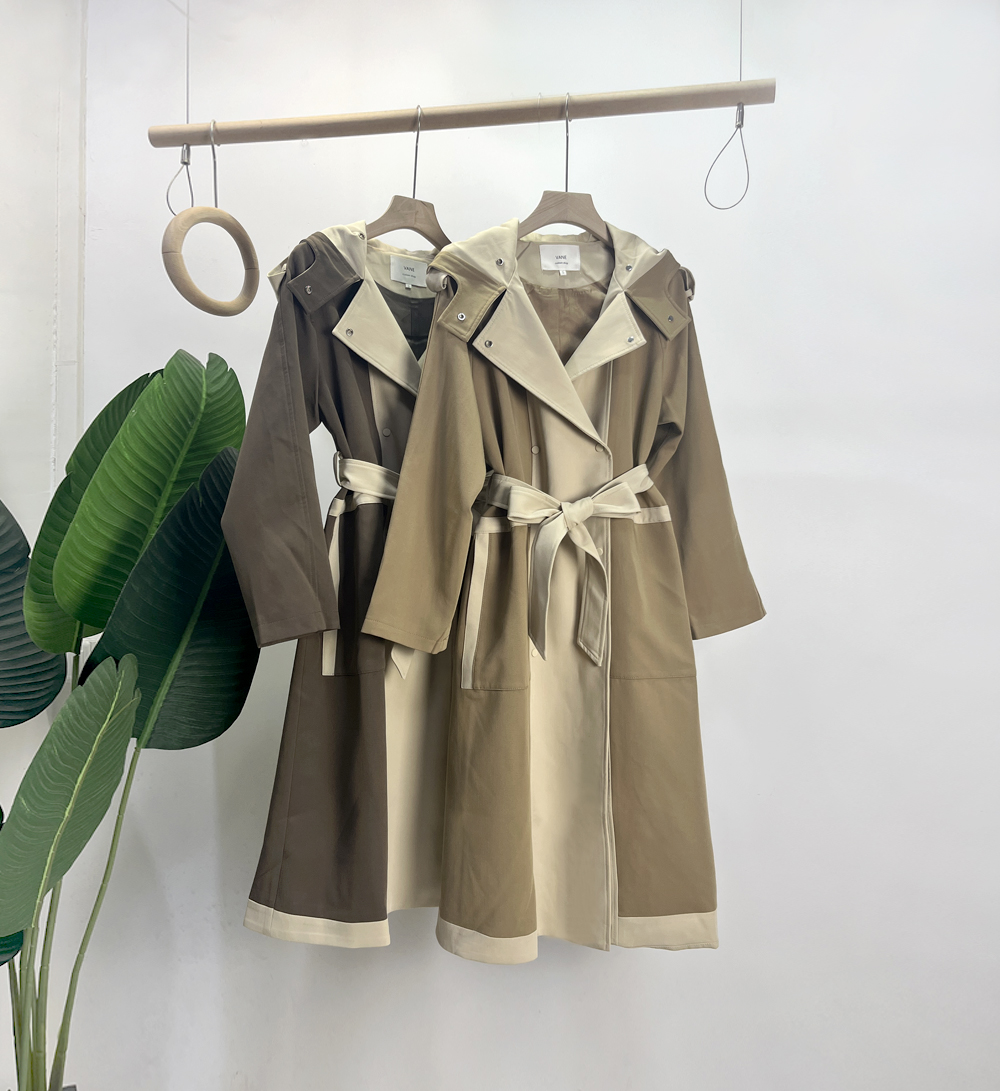 撞色风衣系带中长款外套