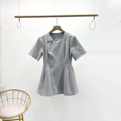 VANE韦恩小众设计斜扣连衣裙2025秋装新款韩版收腰显瘦短袖中长裙