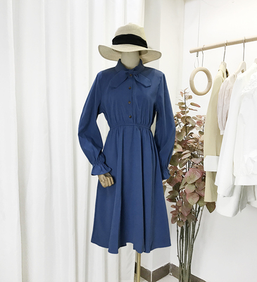 修身显瘦蓝色裙子韩版领结连衣裙