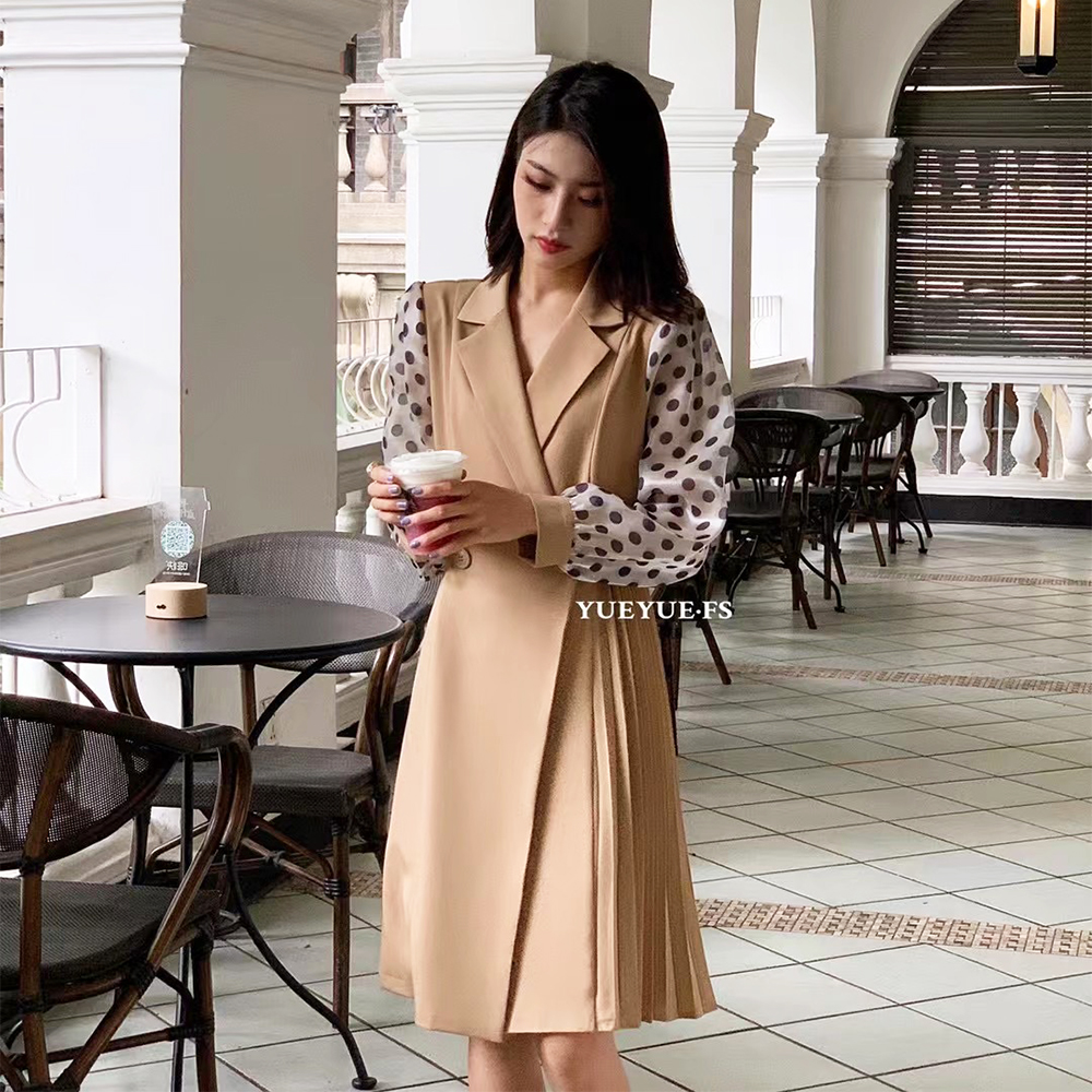 设计感小众雪纺波点拼接连衣裙女