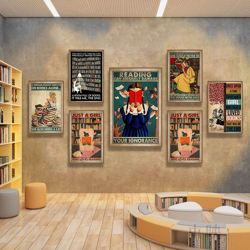 图书馆布置装饰画复古美式怀旧学校教室书店图书角墙面挂画阅览室图片