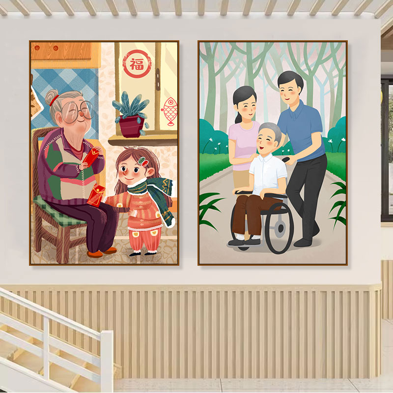 养老院敬老院活动室墙面装饰画康复中心卡通关爱老人宣传海报挂画