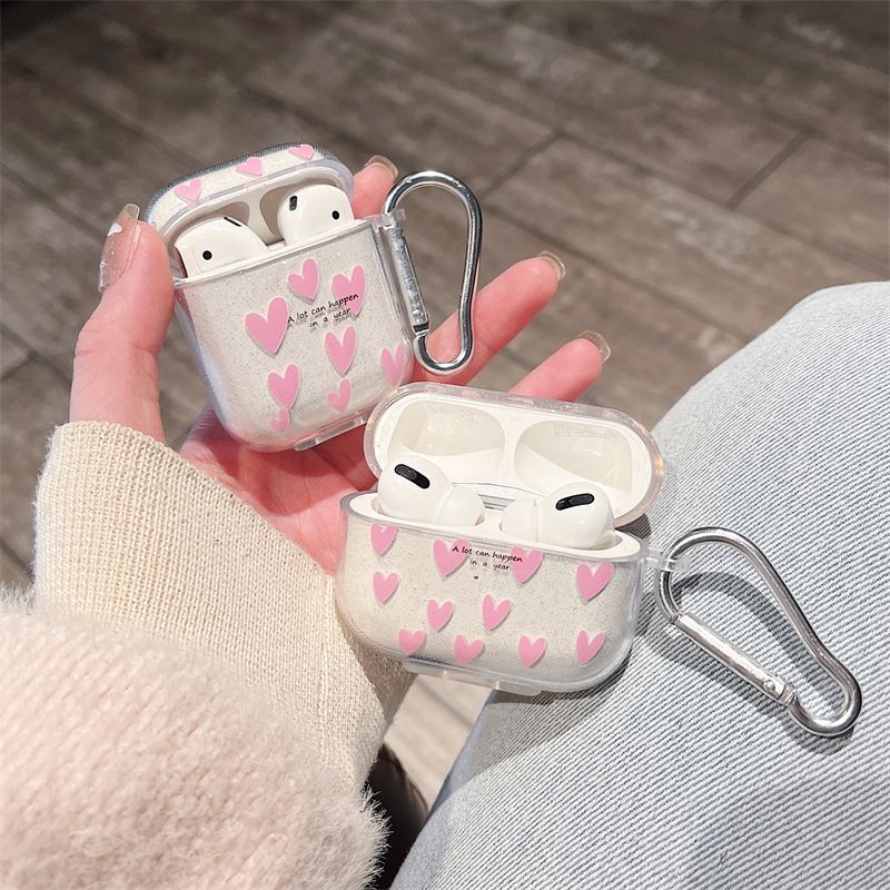 闪粉色爱心适用苹果AirPods4代耳机壳保护套Pro2耳机壳三代耳机套可爱高级感简约硅胶透明软壳ins风搞怪