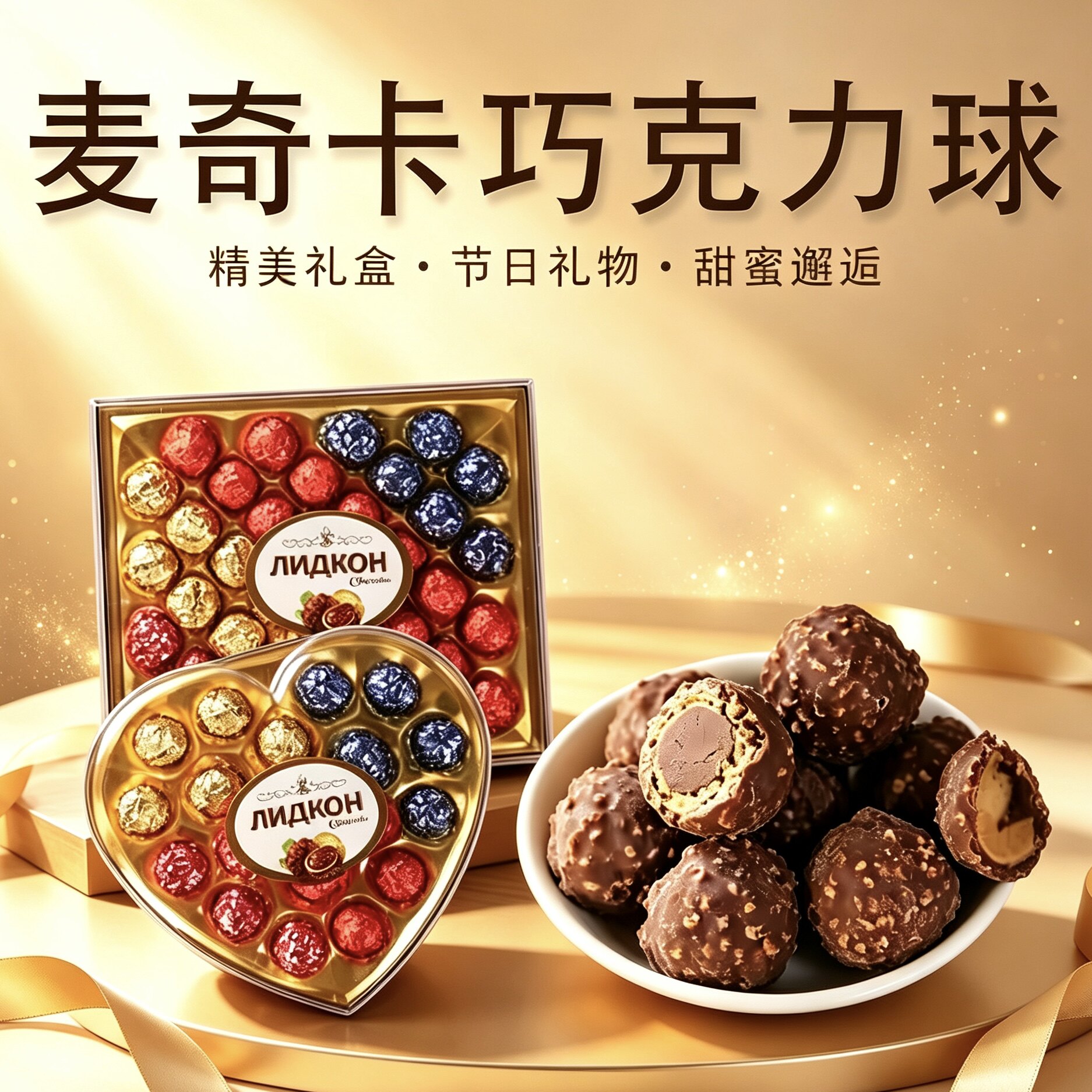 麦奇卡巧克力球夹心糖三色球心形礼盒儿童节礼物情人节礼品送女友