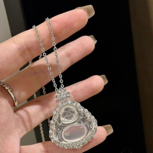 玉髓佛公吊坠白月光玉佛带证书白冰玛瑙玉髓925银镶嵌高冰项链女