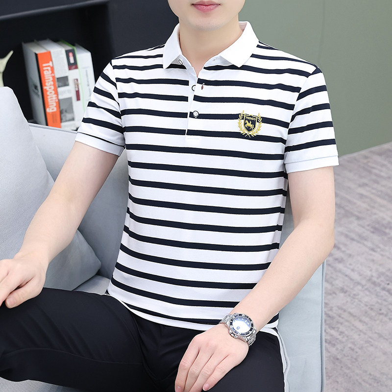 夏季爆款条纹翻领帅气男士短袖t恤Polo衫纯棉半袖休闲透气款上衣