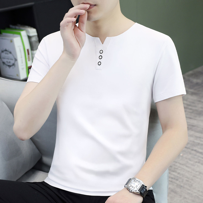 夏季纯棉小V领短袖t恤男装潮牌时尚纽扣修身拼接男士上衣打底汗衫