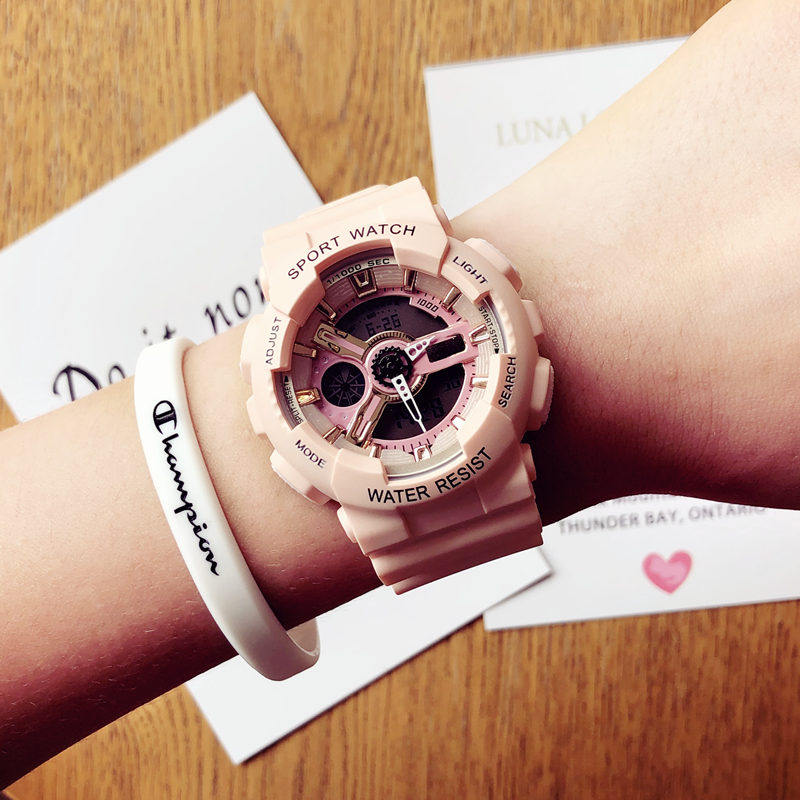 林小宅手表男女学生韩版简约潮流ulzzang 樱花粉电子表情侣运动表