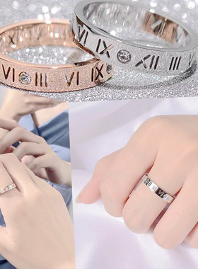 高级感ing潮钛钢情侣戒指女罗马数字镶锆石戒指男韩版流行饰品