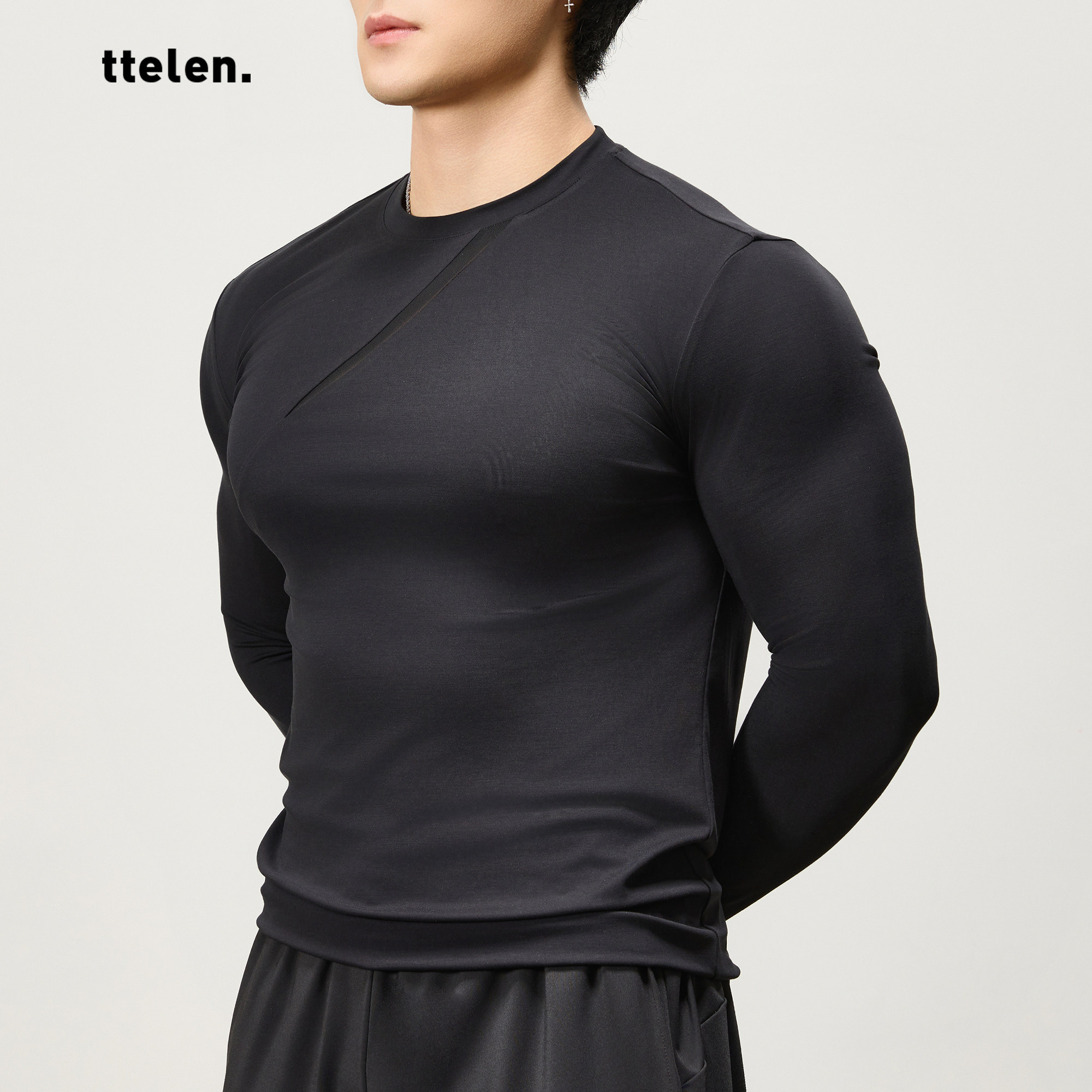 ttelen.亲肤透气莫代尔分割设计感长袖T恤男高弹修身运动健身衣服