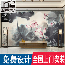 张大千荷花中式墙纸无纺布餐厅壁纸客厅电视背景墙定制壁画国画