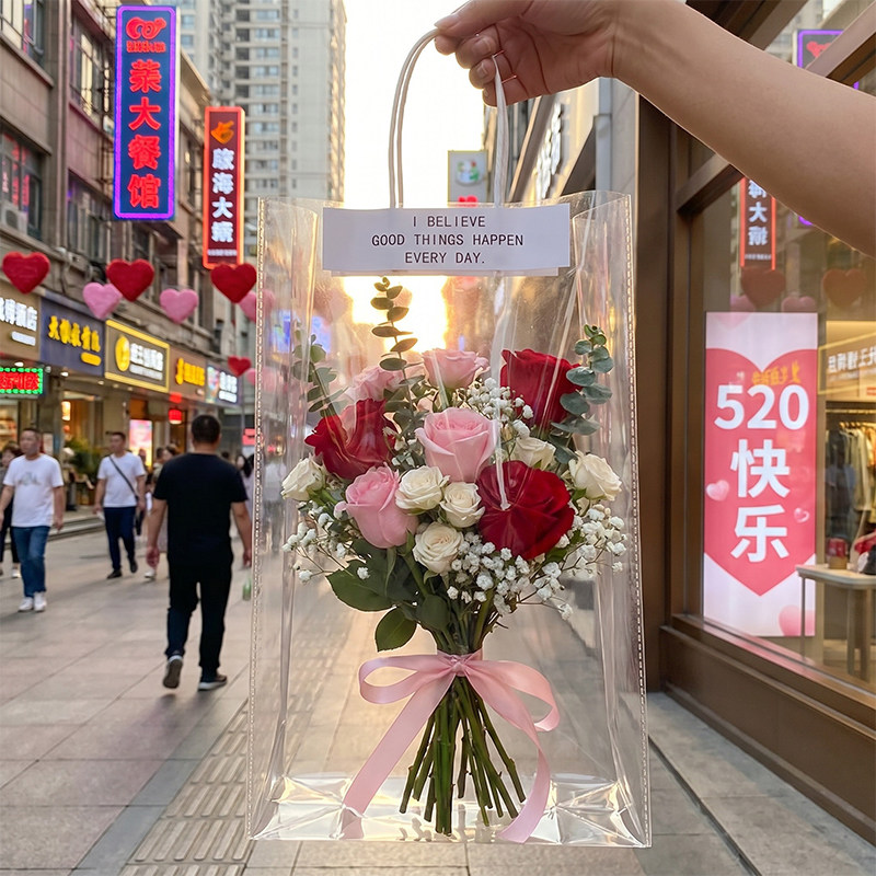 520七夕情人节透明鲜花袋礼品加厚手提袋玫瑰百合包装袋礼物袋子