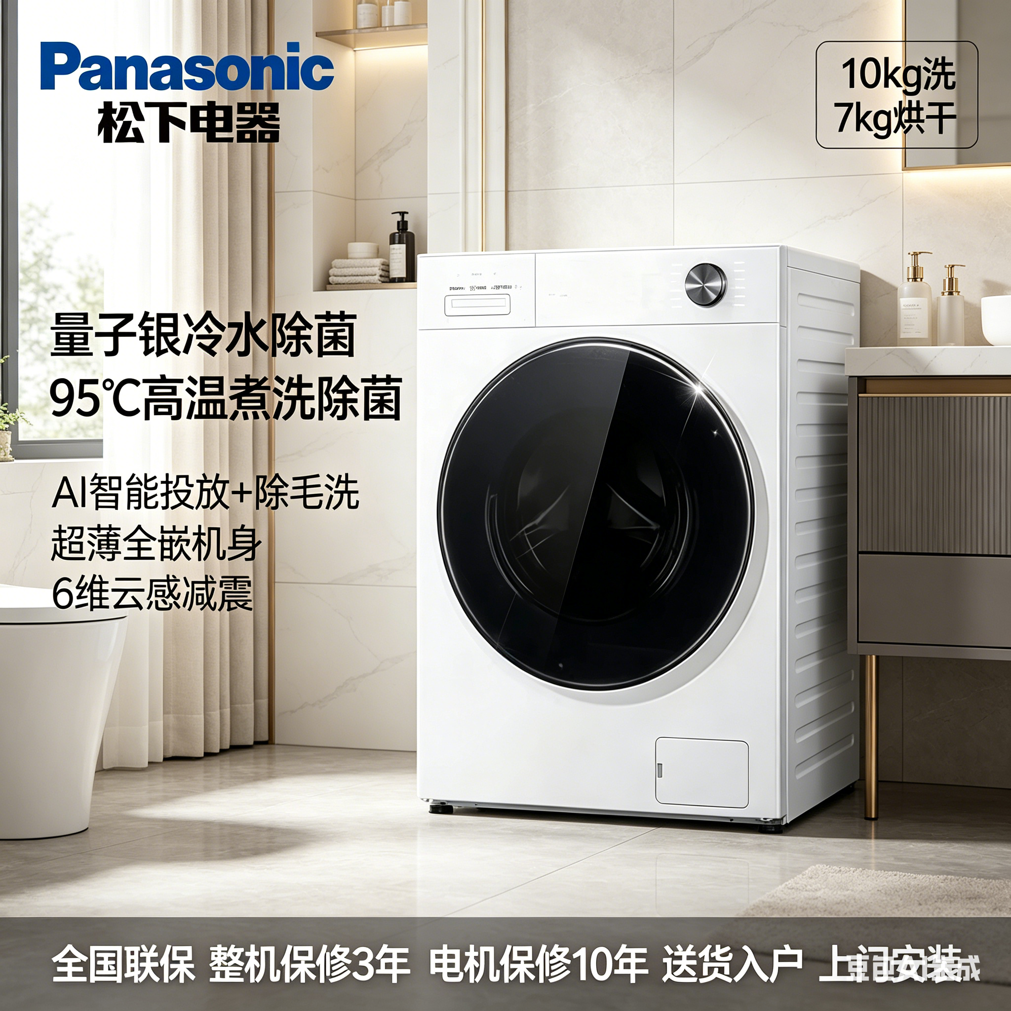 松下 XQG100-N4MD1洗烘一体 滚筒洗衣机 10KG 除菌羽绒洗智能投放
