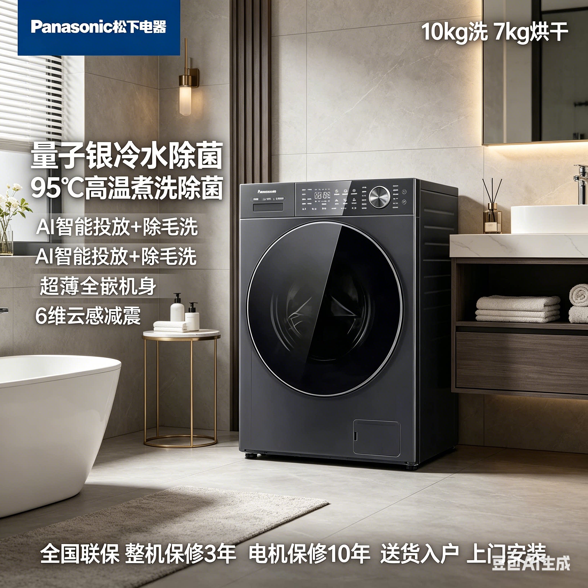 松下 XQG100-N4PD1洗烘一体洗衣机 除菌 超薄 羊毛羽绒服专业洗