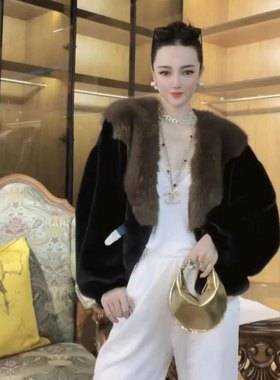 海宁狐狸毛外套网红皮草时尚名媛毛毛棉服洋气短款大毛领仿皮草潮
