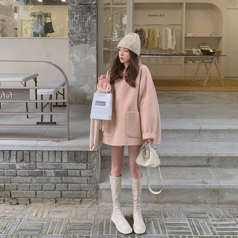 粉色连帽针织大衣冬季加厚中长款外套女小个子韩系感气质毛衣