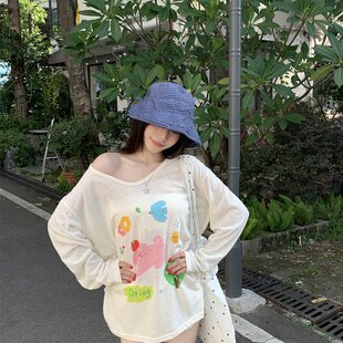夏季 T恤宽松慵懒风女防晒上衣 新款 可爱印花长袖