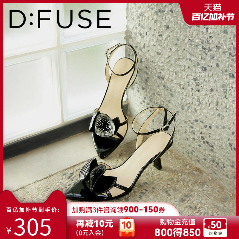 D：Fuse/迪芙斯荷叶烫钻尖头细高跟鞋女2026夏季新款露趾气质凉鞋