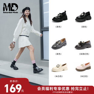 【特价秒杀】星期六厚底乐福鞋学院英伦风系带黑色小皮鞋女