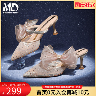 尖頭蕾絲細高跟網紗鞋 星期六涼鞋 女款 2025新款 巨好看蝴蝶結穆勒鞋