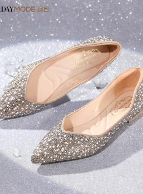 MD女鞋2026春季新款平底鞋法式尖头水钻一脚蹬浅口单鞋配裙子鞋子