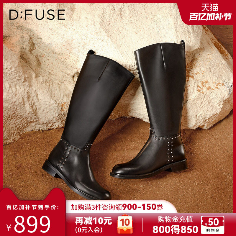 D：Fuse/迪芙斯黑色铆钉骑士靴女2026年新款长筒靴显瘦机车靴女靴