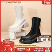 星期六厚底骑士靴春秋冬新款 中筒单靴小个子瘦瘦靴显瘦粗跟短靴女