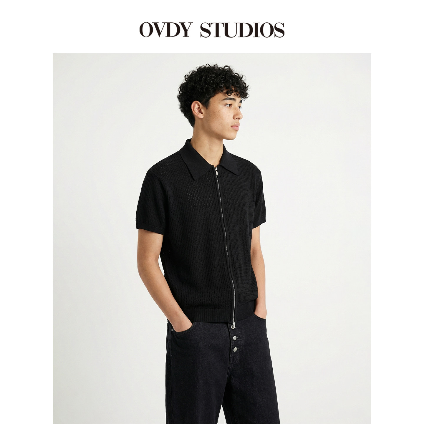 OVDY夏季老钱风挑花织纹亨利领短袖T恤男polo衫美式正肩上衣女