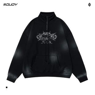 OVDY官俊臣明星同款 复古半拉链加绒卫衣男印花宽松立领摇粒绒外套