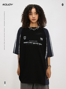 OVDY原创美式 t恤男女拼接撞色宽松上衣潮 复古运动风印花插肩短袖