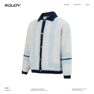 OVDY复古撞色条纹松弛感翻领针织开衫 男慵懒风秋冬潮流质感外套