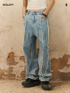 做旧裤 OVDY美式 刺绣毛边宽松明星同款 男秋季 子潮牌 水洗复古牛仔裤