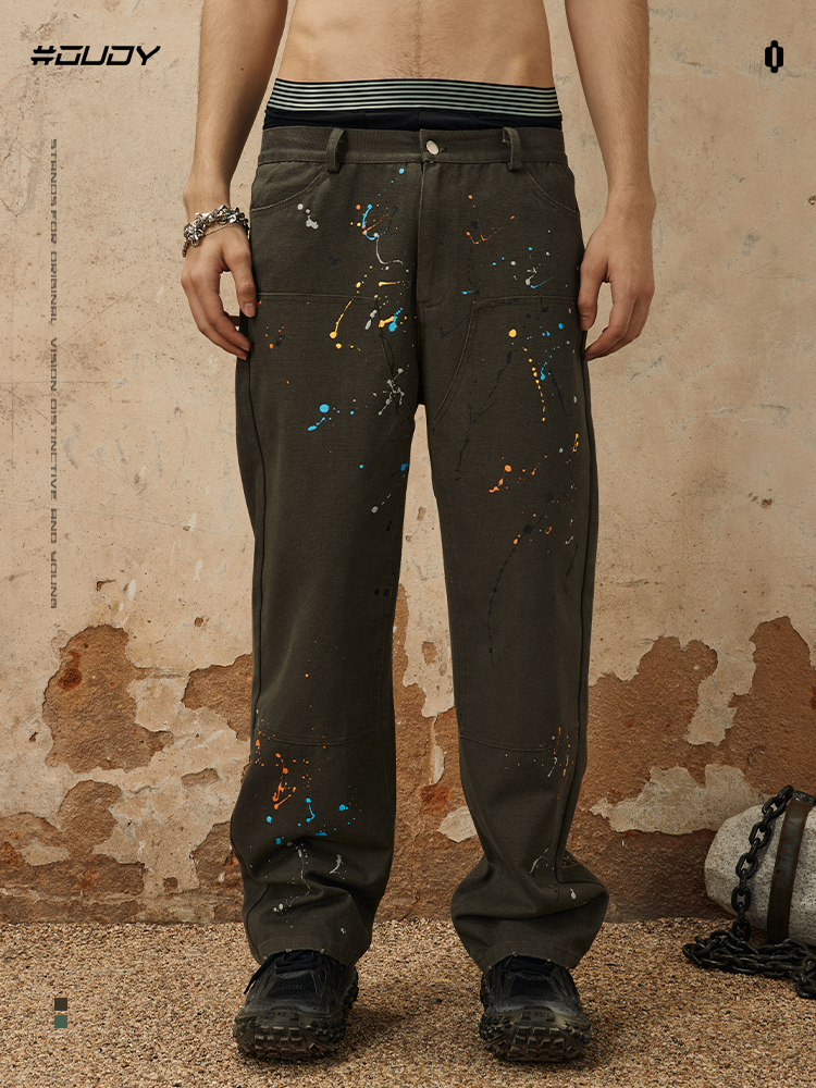 OVDY美式泼墨街头复古风牛仔裤男