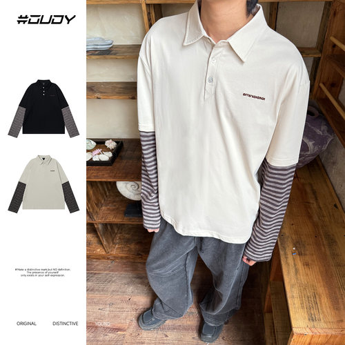 OVDY长袖男撞色拼接潮牌条纹上衣