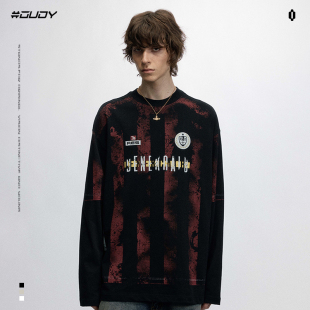 OVDY官方美式 t恤男女潮牌宽松情侣上衣 复古球衣风印花假两件长袖