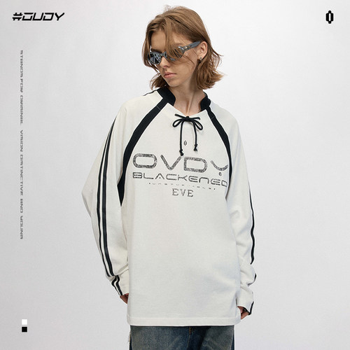 美式复古球衣风v领长袖t恤抽绳