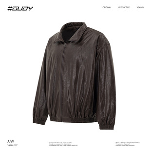 OVDY松弛感短宽立领夹克棉服上衣微皱肌理感皮料美拉德高级感外套