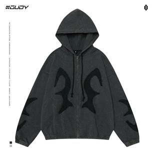 OVDY官方美式 外套女潮 复古贴布绣拉链卫衣男连帽高街oversize开衫